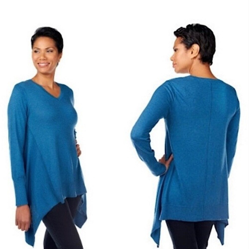 LOGO by Lori Goldstein Blue Cotton Cashmere Asymmetrical Hem Sweater Size XXS